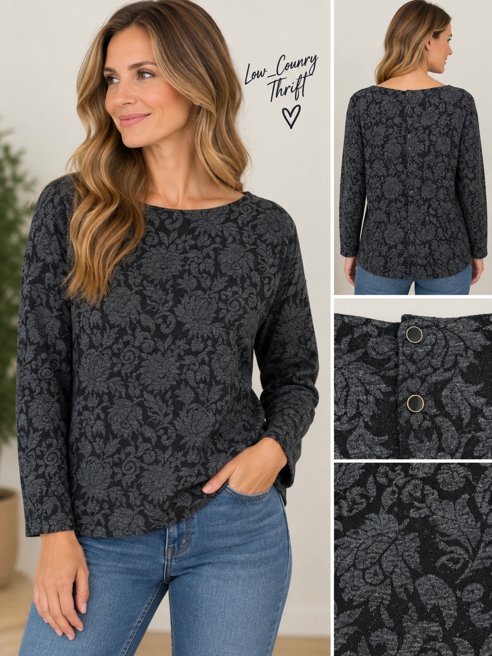 Talbots Floral Jacquard Top Women's L Black Gray Long Sleeve Back Button